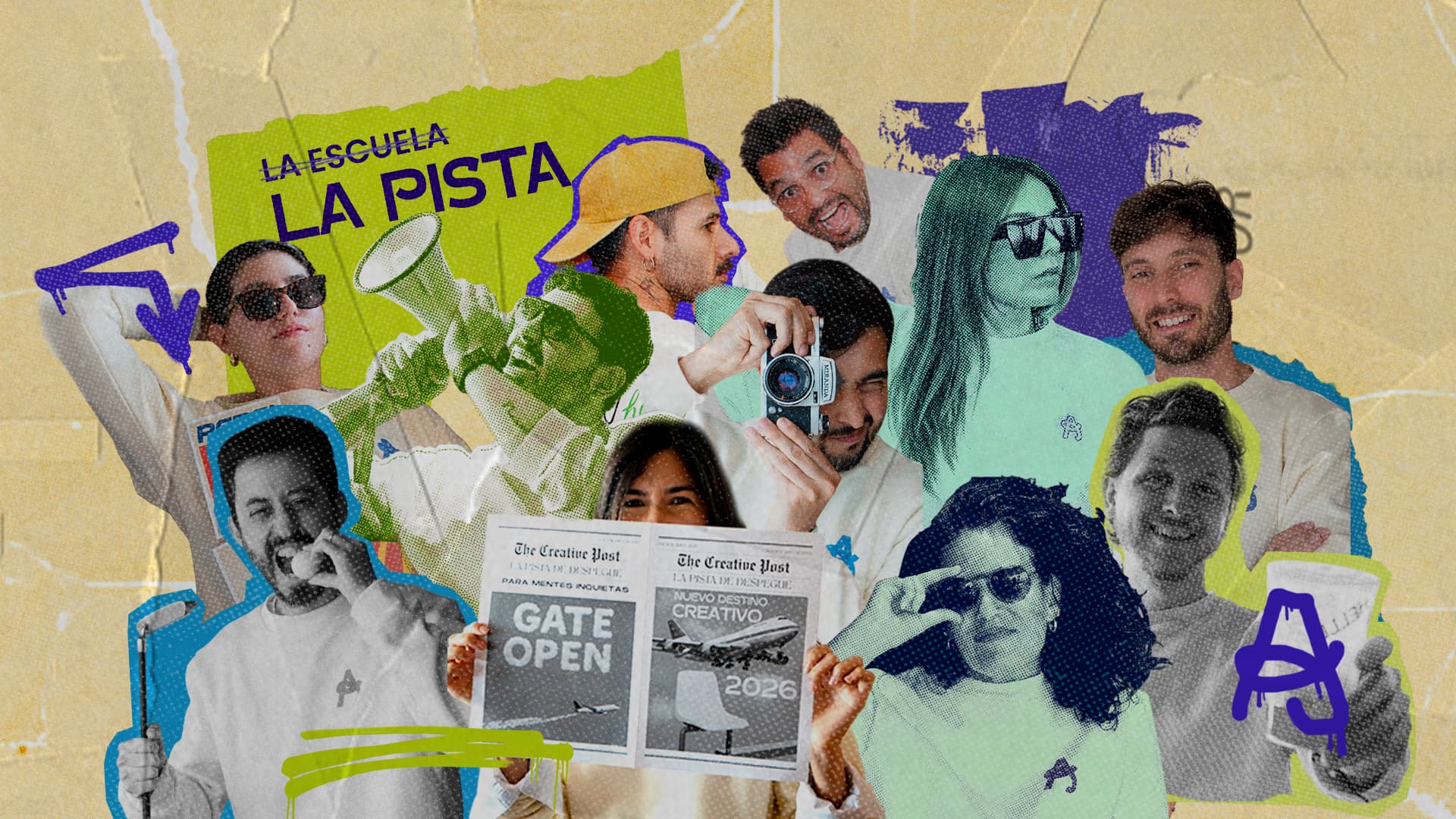 Equipo de Aeropuerto Creativo en un collage de recortes, prensa y tipografía
